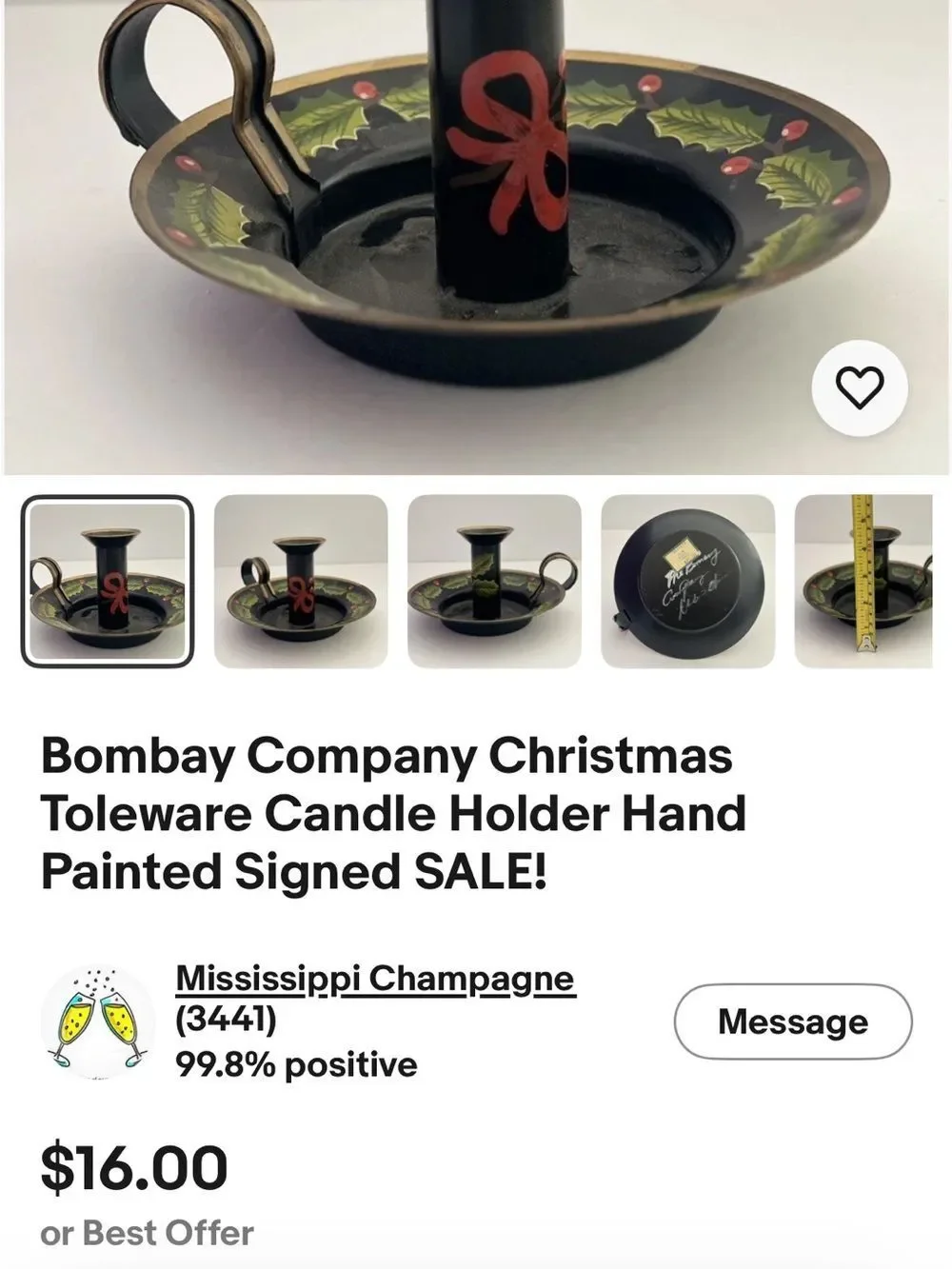 Vintage Centrum Toleware Chamberstick Candle Holder Hand Painted Floral 1989
